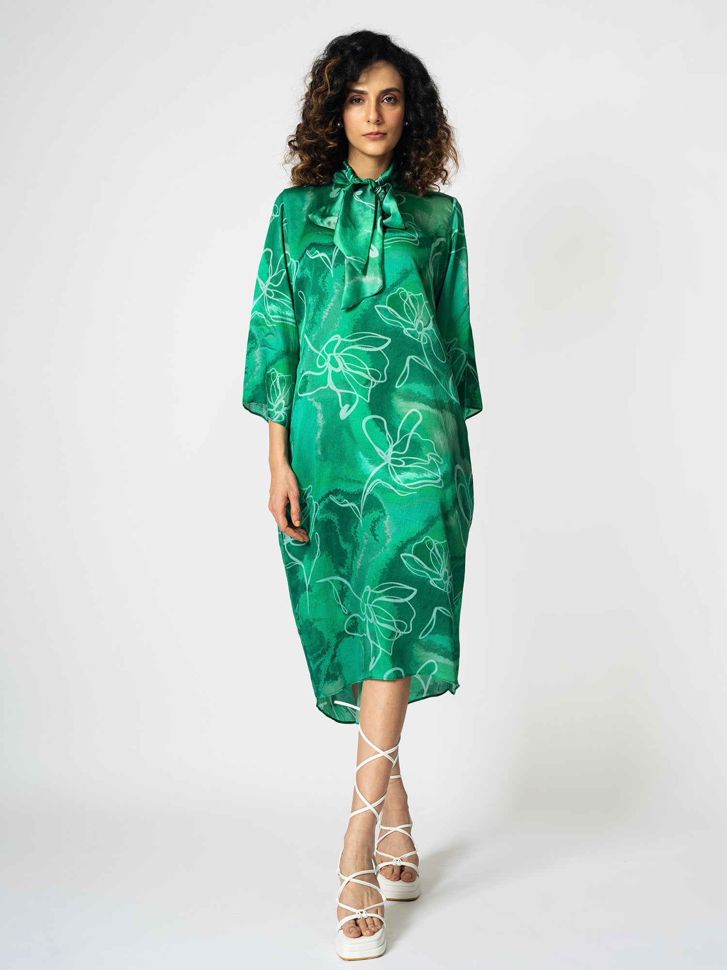 Marbled Floral Long Dress with Scarf Klad Marbled Floral Long Dress with Scarf Klad