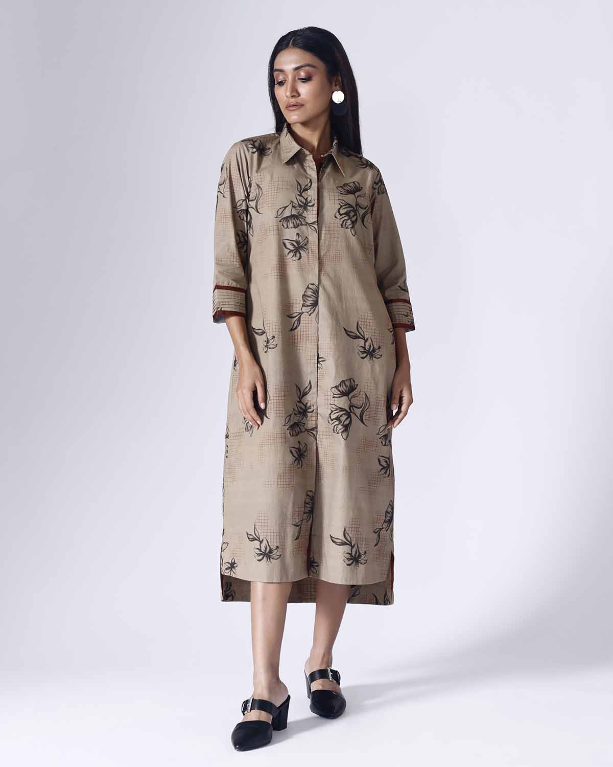 FLORAL GRID BEIGE LONG DRESS