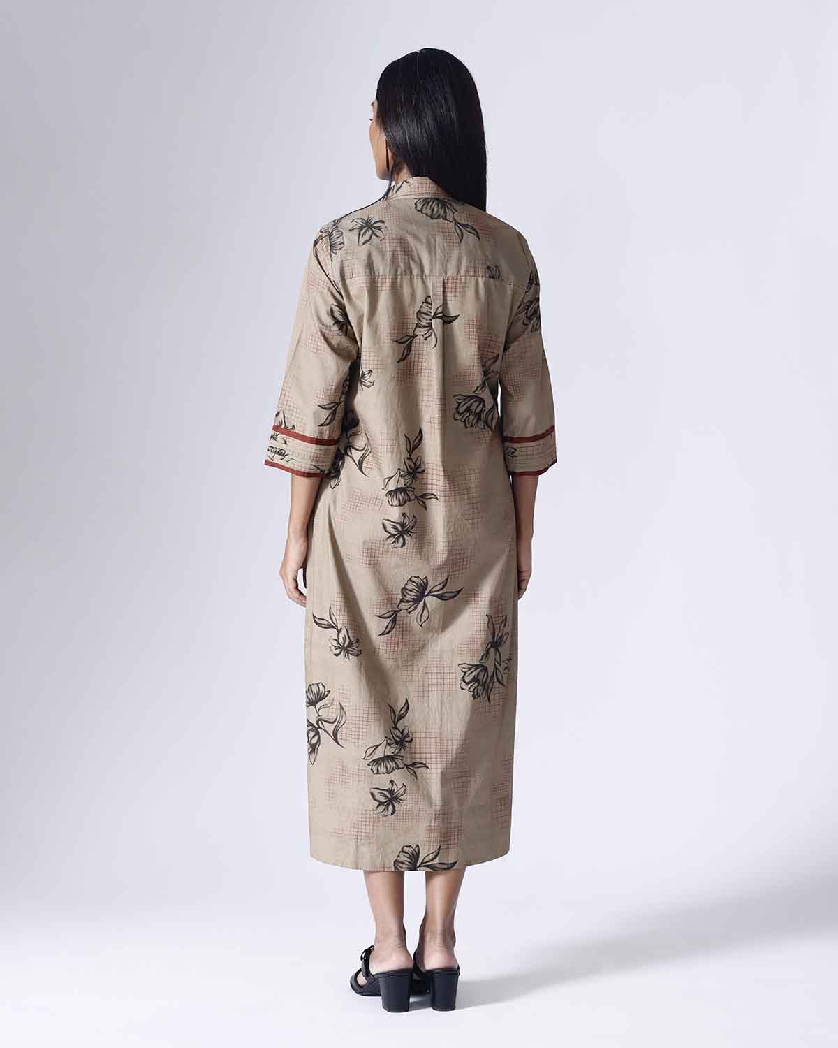 FLORAL GRID BEIGE LONG DRESS