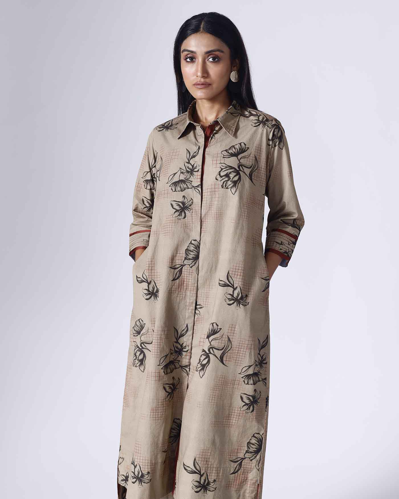 FLORAL GRID BEIGE LONG DRESS