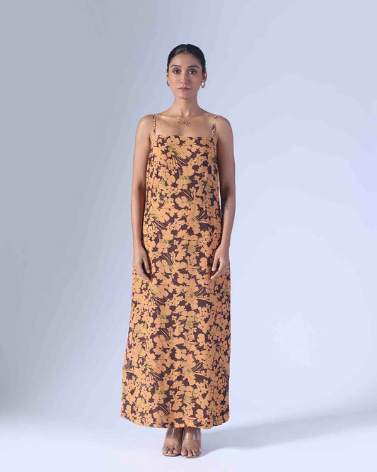 SPRING BROWN LONG SLIP DRESS