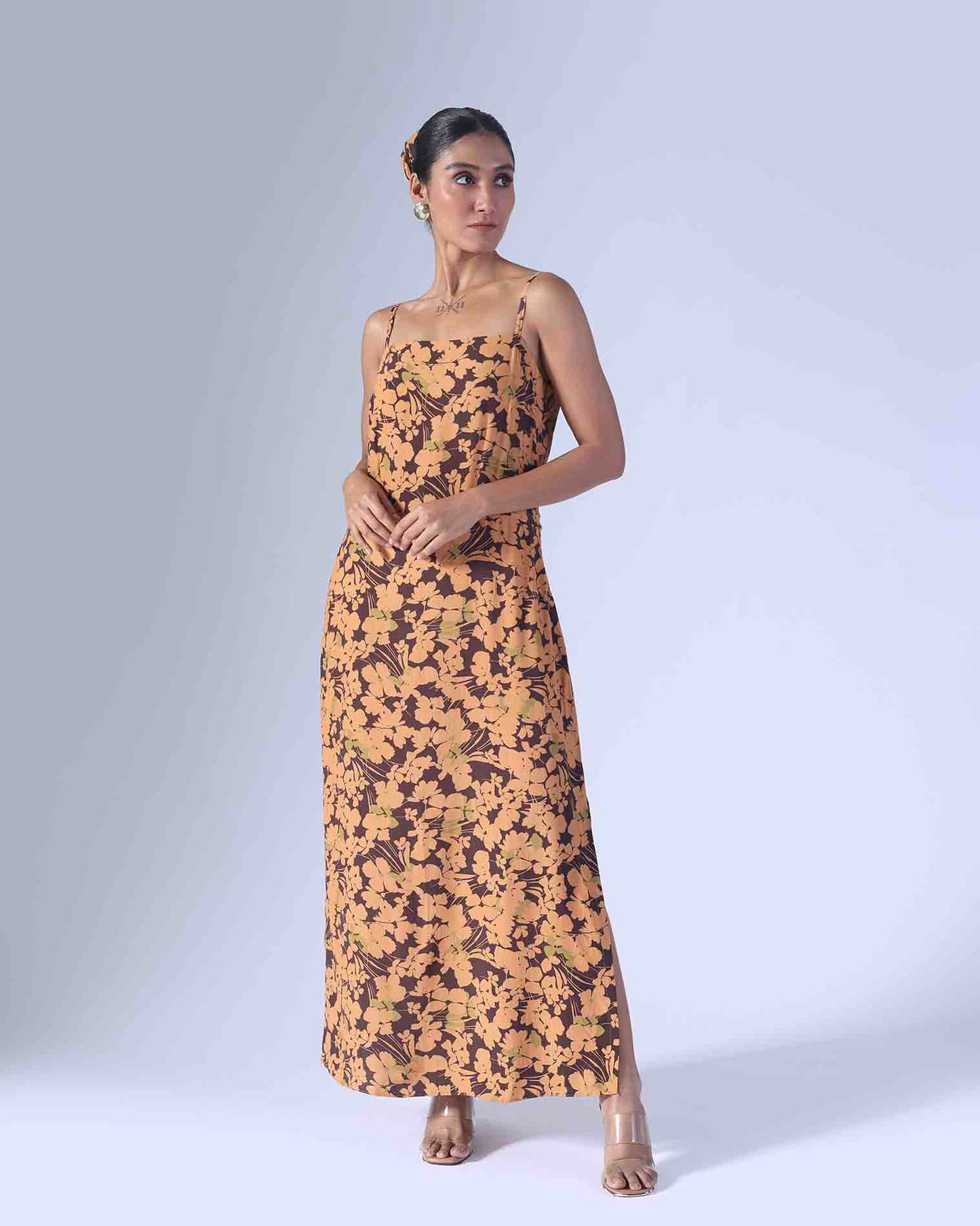 SPRING BROWN LONG SLIP DRESS