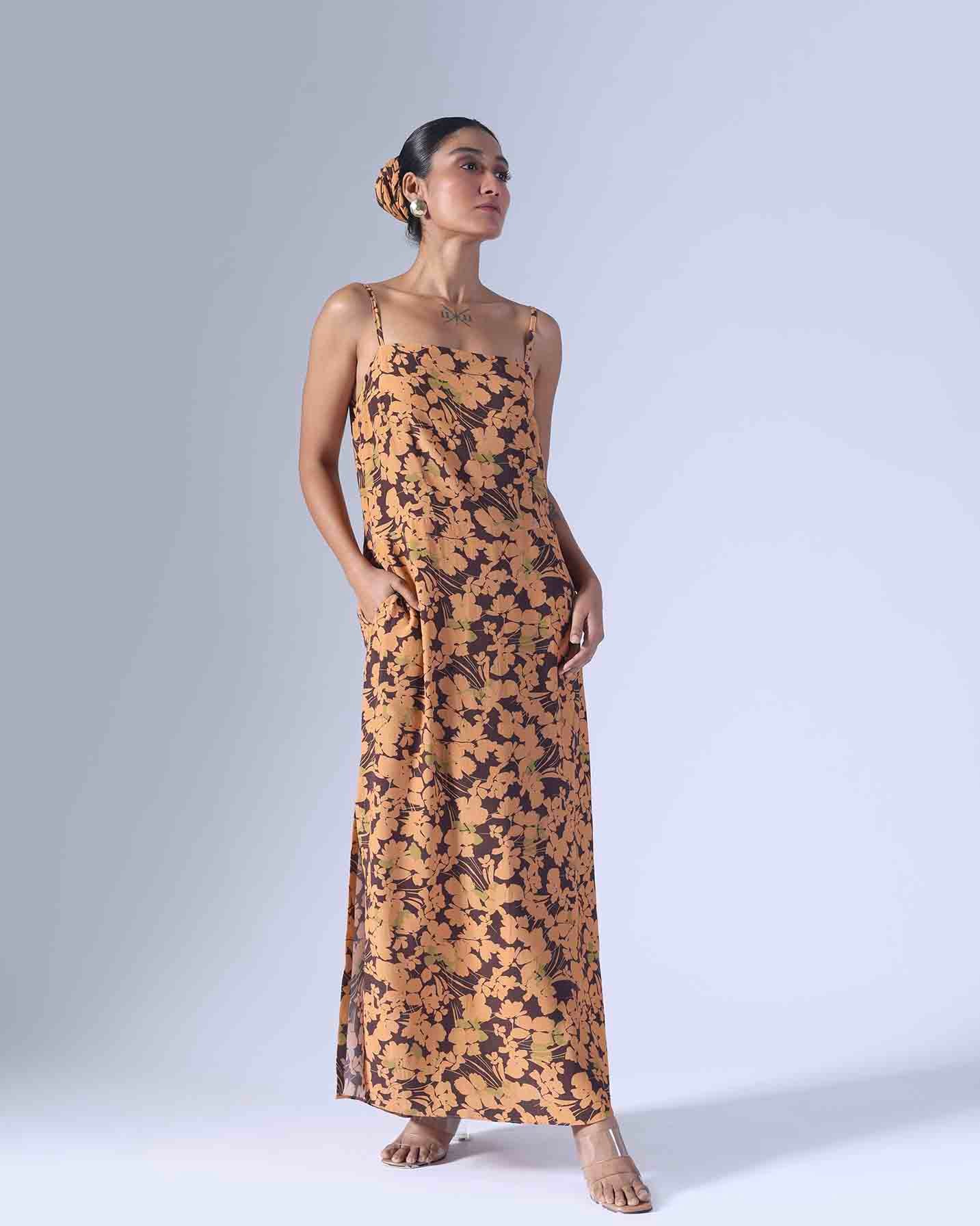 SPRING BROWN LONG SLIP DRESS