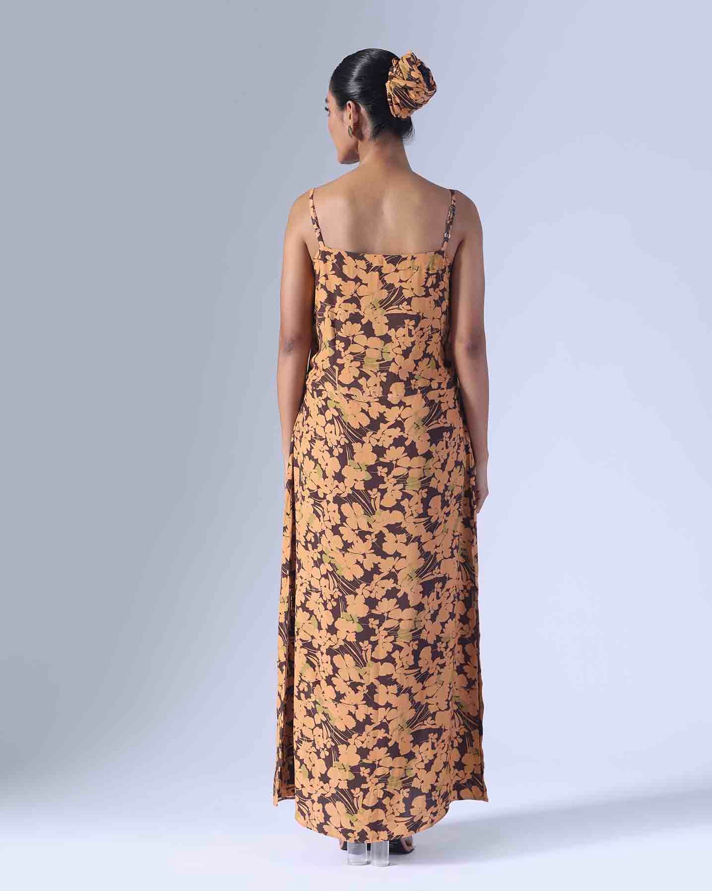 SPRING BROWN LONG SLIP DRESS