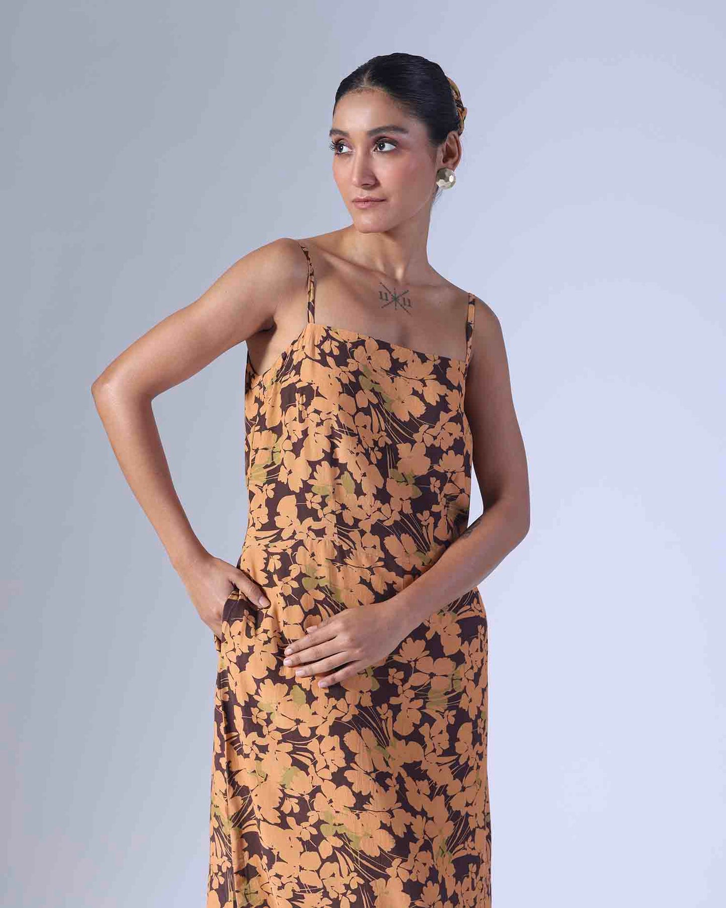 SPRING BROWN LONG SLIP DRESS