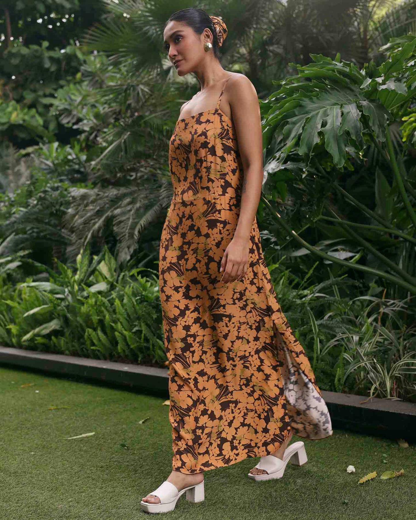 SPRING BROWN LONG SLIP DRESS