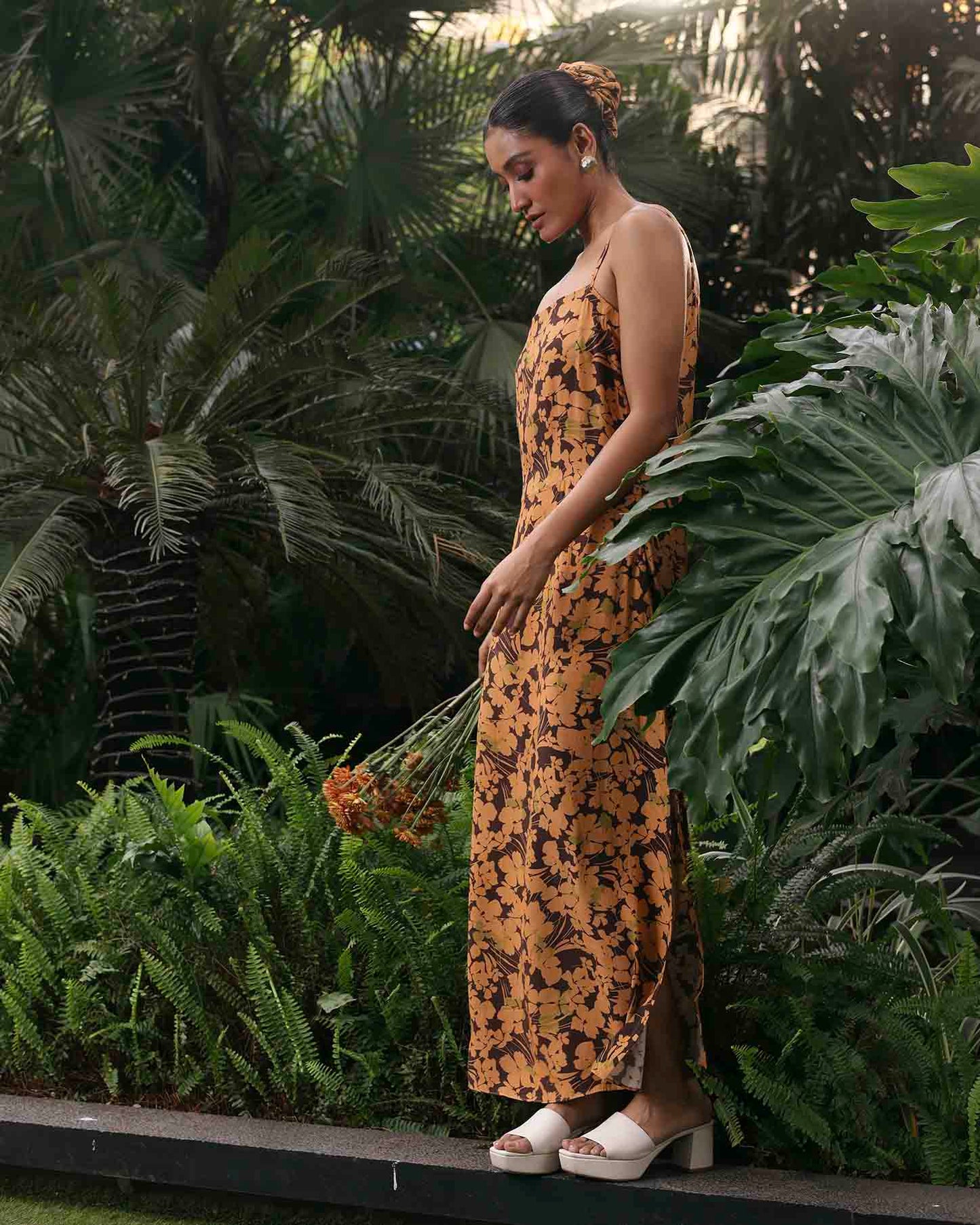 SPRING BROWN LONG SLIP DRESS