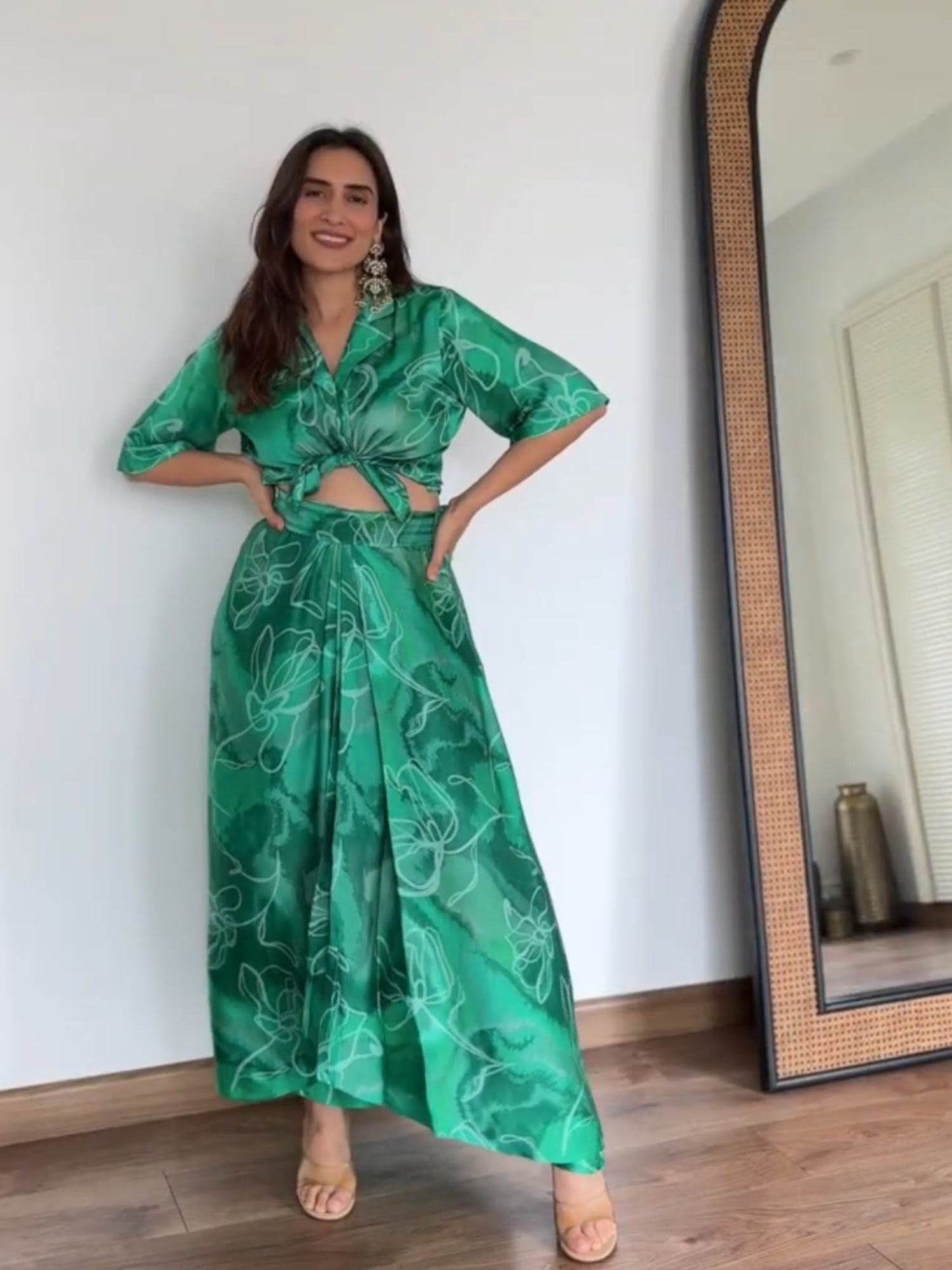 Urmi Daga in Marbled Green Assymetrical Top and Draped Skirt Set