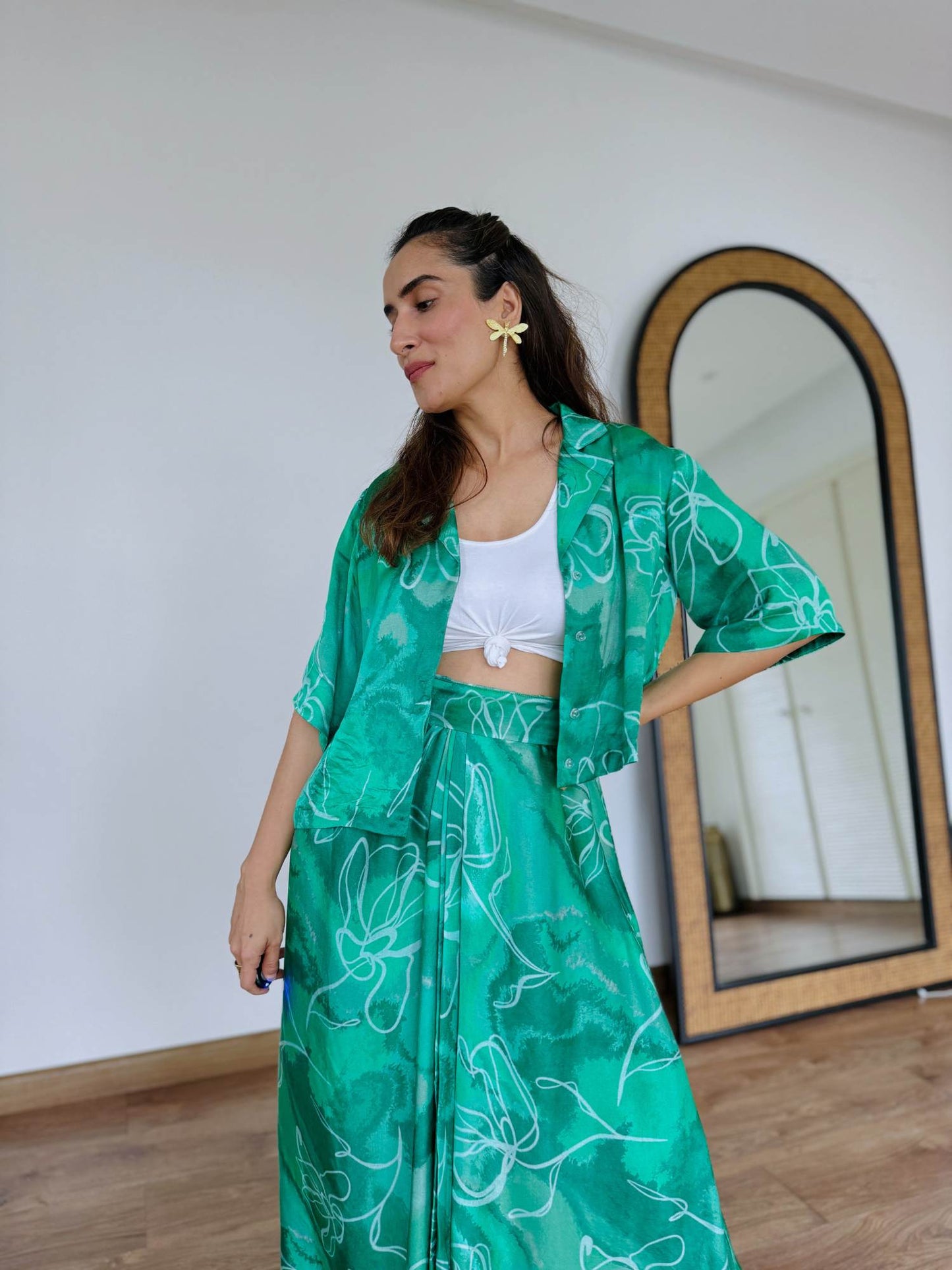 Urmi Daga in Marbled Green Assymetrical Top and Draped Skirt Set