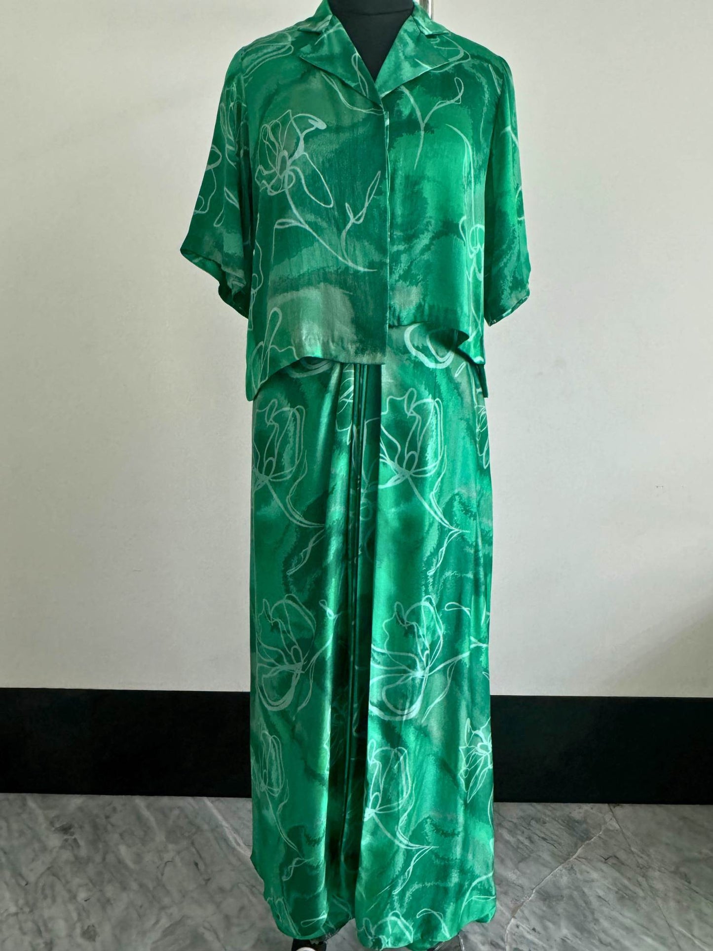 Urmi Daga in Marbled Green Assymetrical Top and Draped Skirt Set