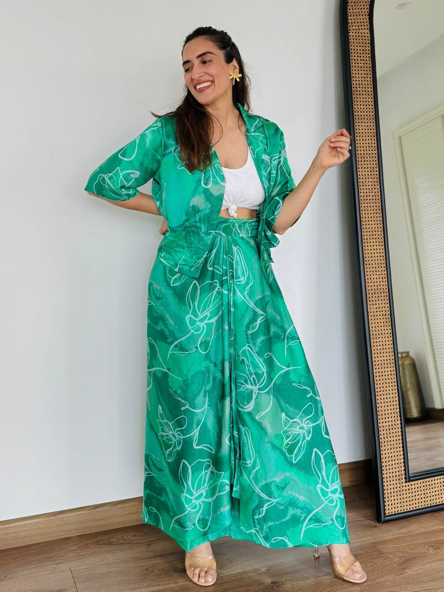 Urmi Daga in Marbled Green Assymetrical Top and Draped Skirt Set