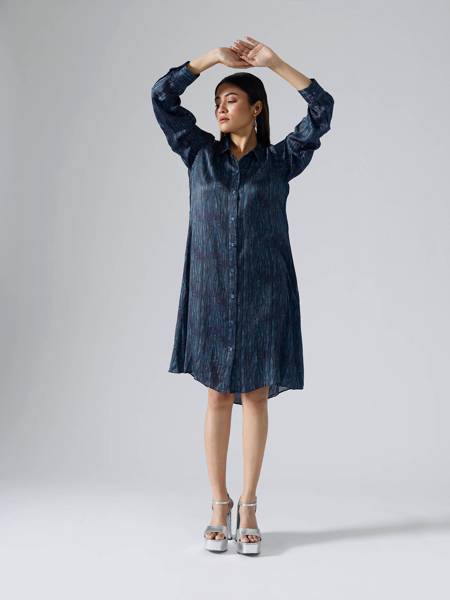 Abstract Lines Cyan Shirt Dress