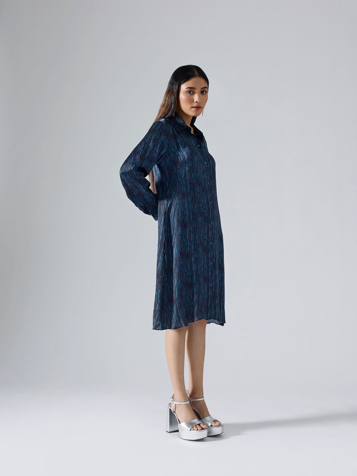 Abstract Lines Cyan Shirt Dress