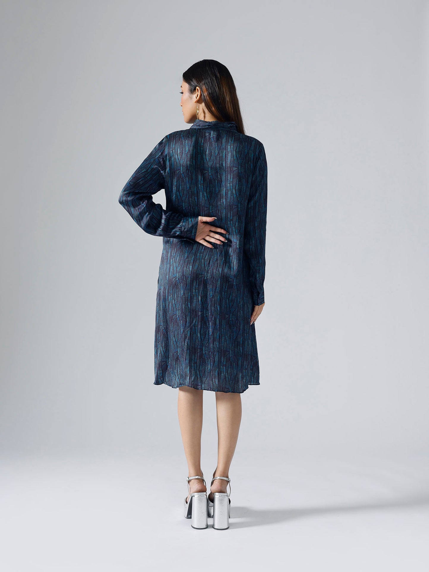 Abstract Lines Cyan Shirt Dress