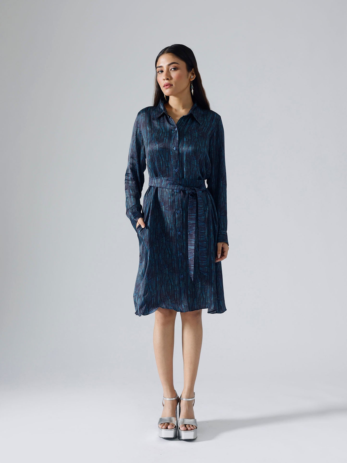 Abstract Lines Cyan Shirt Dress