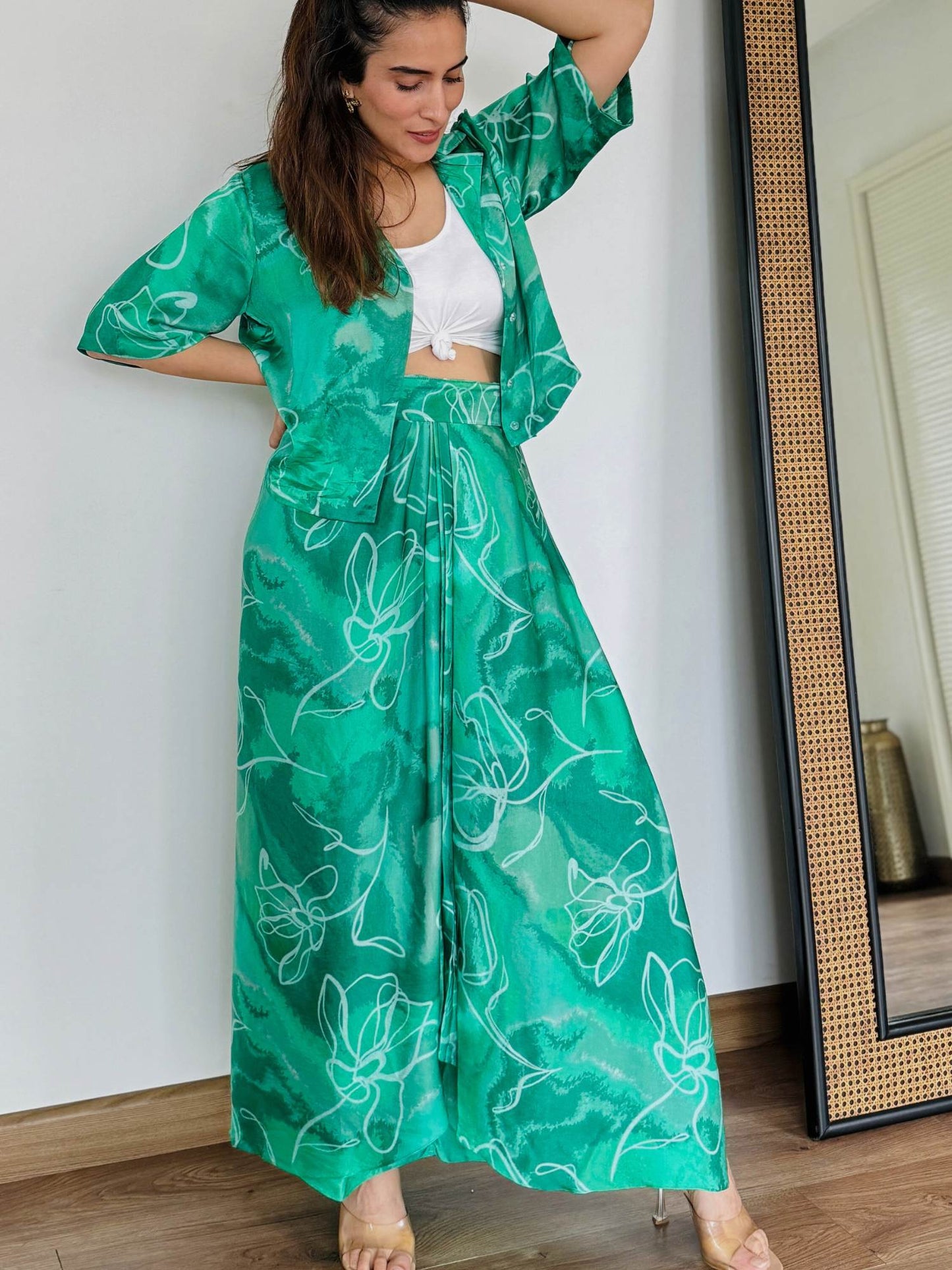 Urmi Daga in Marbled Green Assymetrical Top and Draped Skirt Set