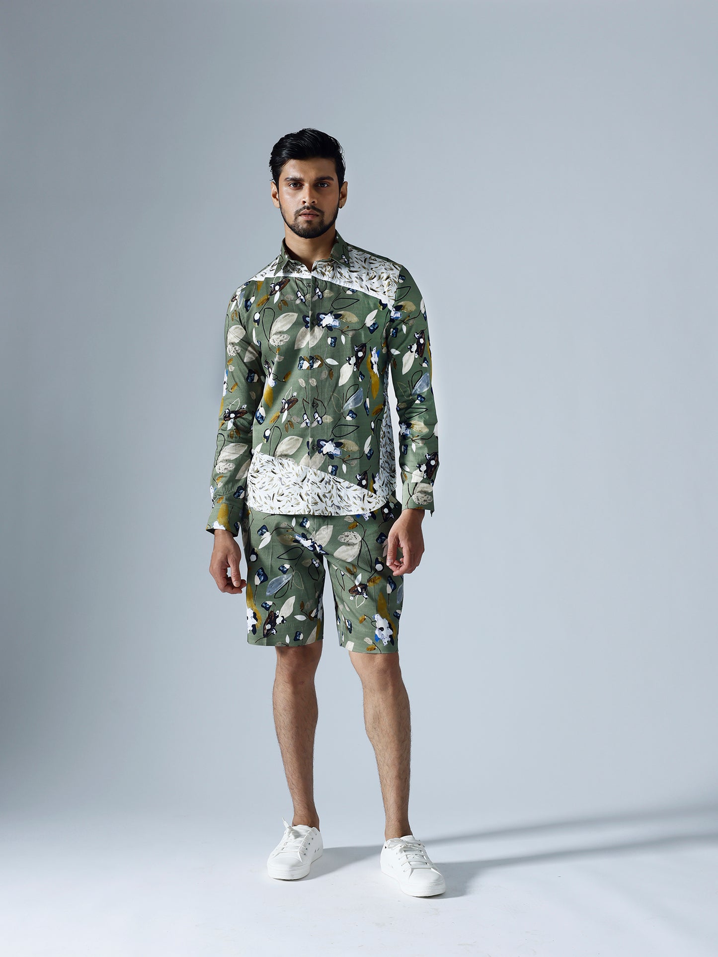 Vivid Green And Pixelated White Full sleeves Shirt With Shorts