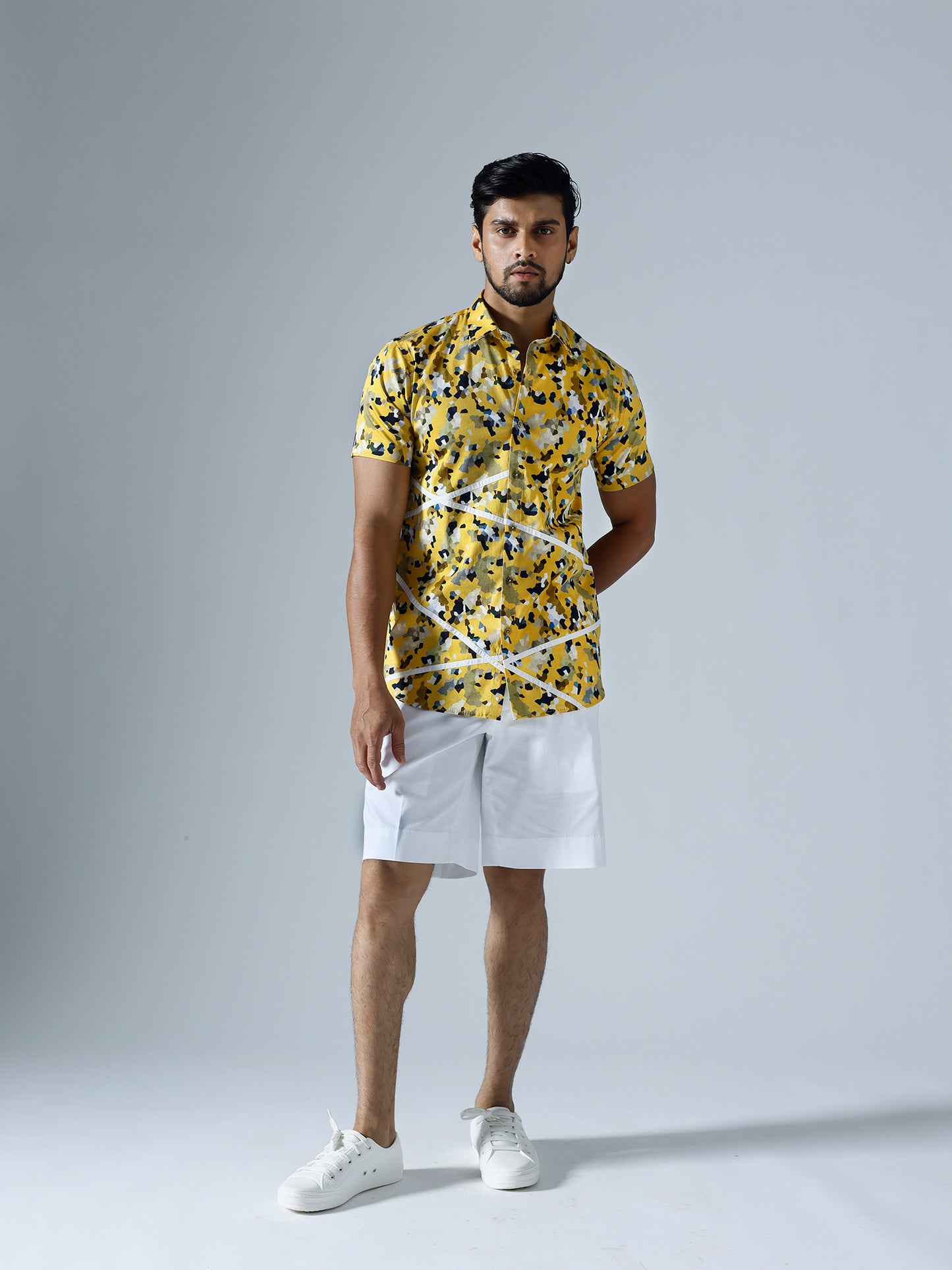 Pixelated Yellow Half sleeves Shirt With White Shorts