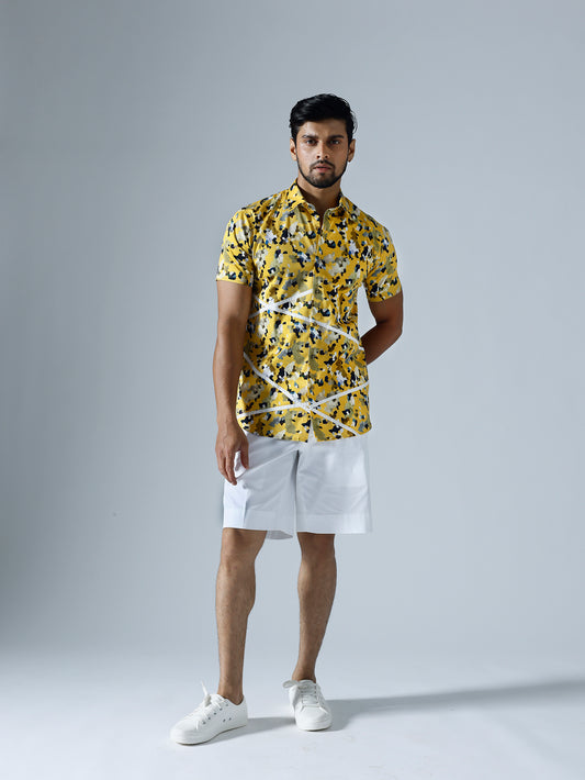 Pixelated Yellow Half sleeves Shirt With White Shorts