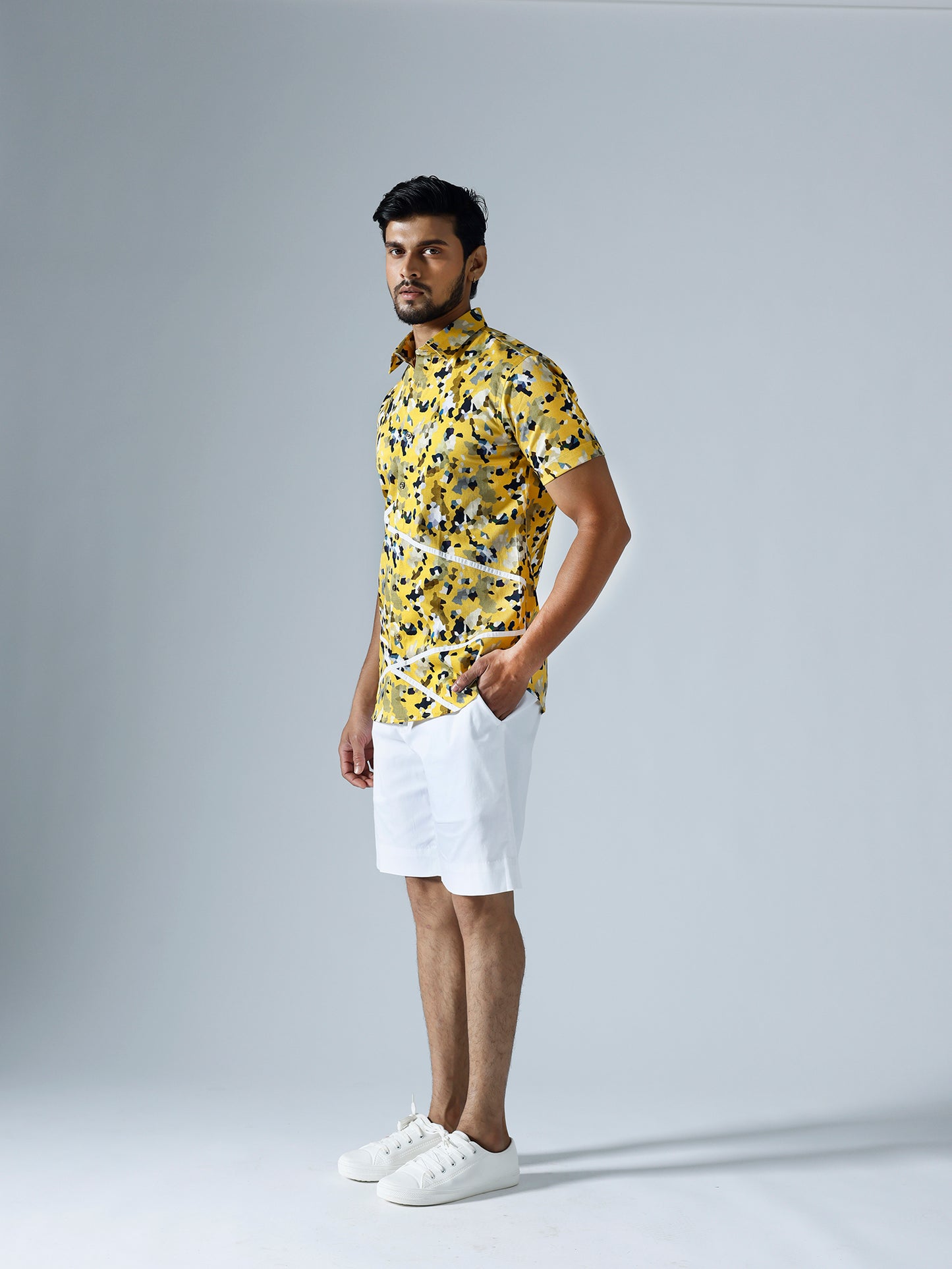 Pixelated Yellow Half sleeves Shirt With White Shorts