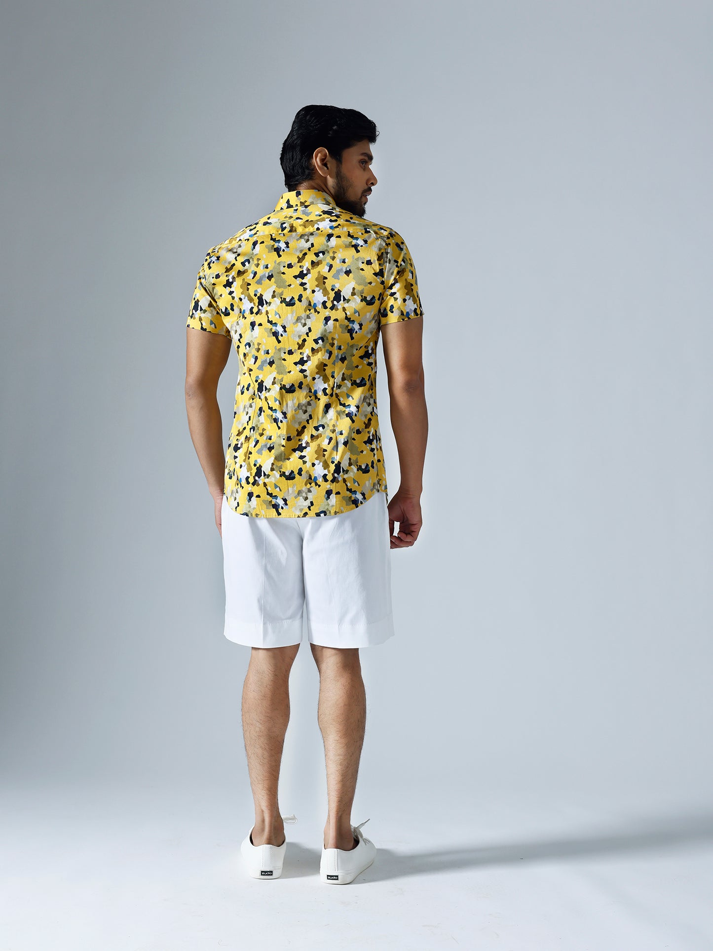 Pixelated Yellow Half sleeves Shirt With White Shorts