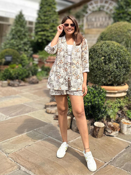 Simran Luthria in Garden Ivory Blazer with Shorts Set