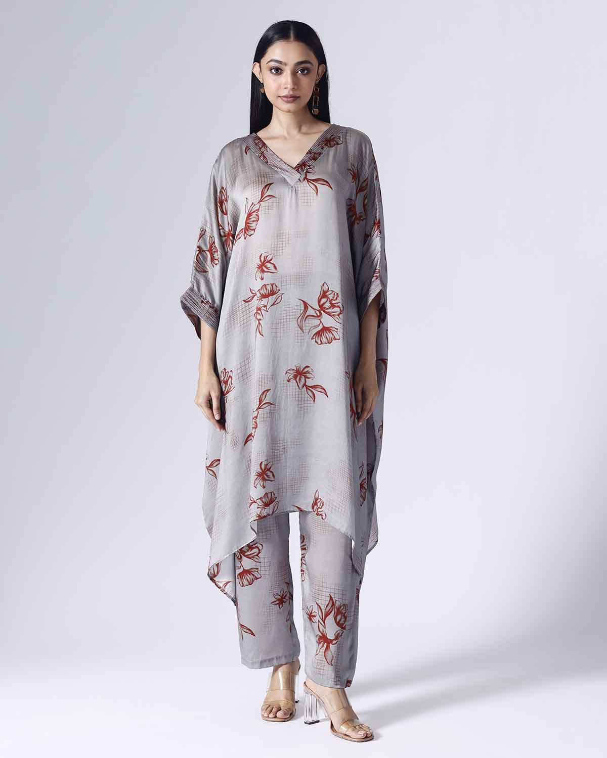 FLORAL GRID LONG KAFTAAN SET