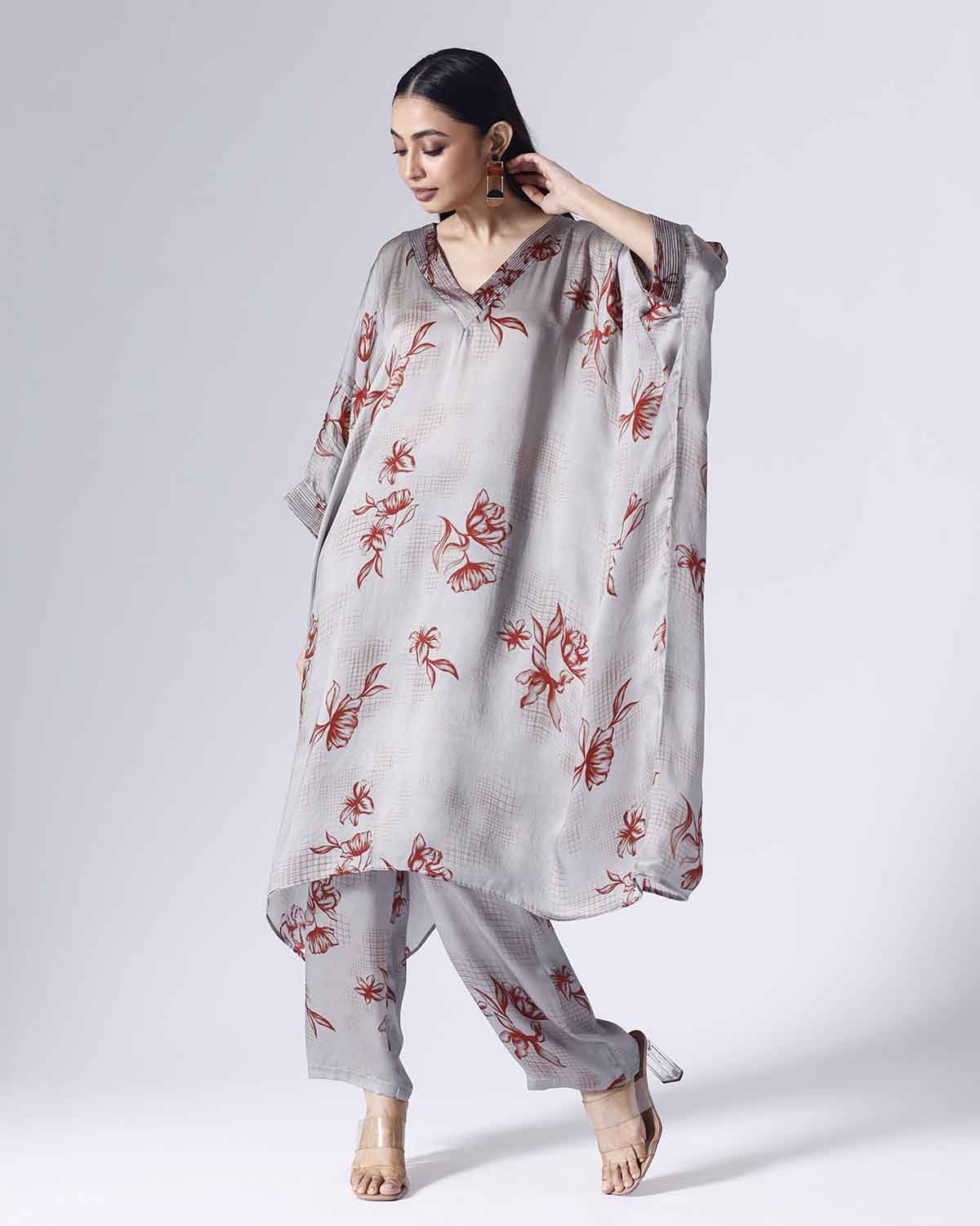 FLORAL GRID LONG KAFTAAN SET