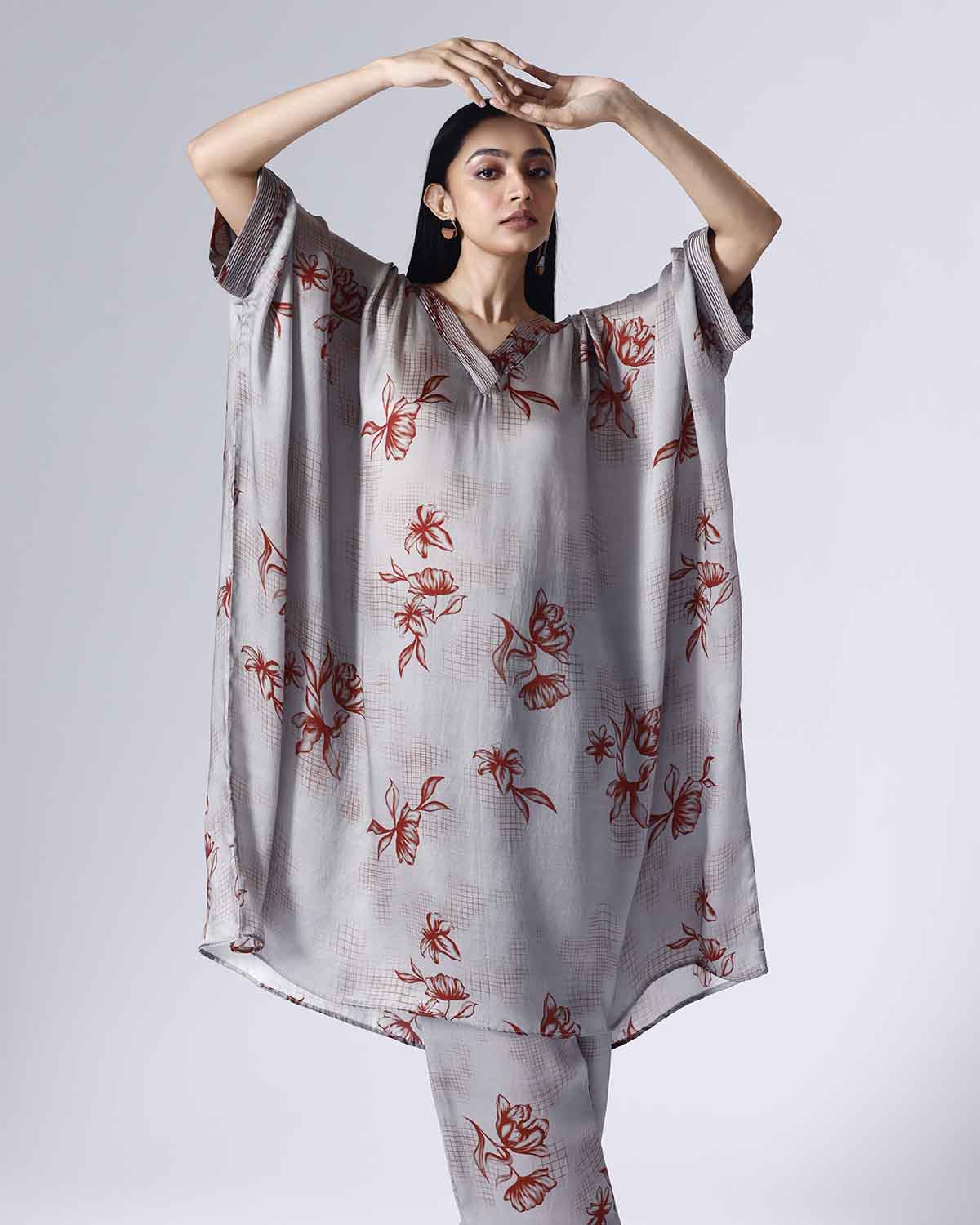 FLORAL GRID LONG KAFTAAN SET