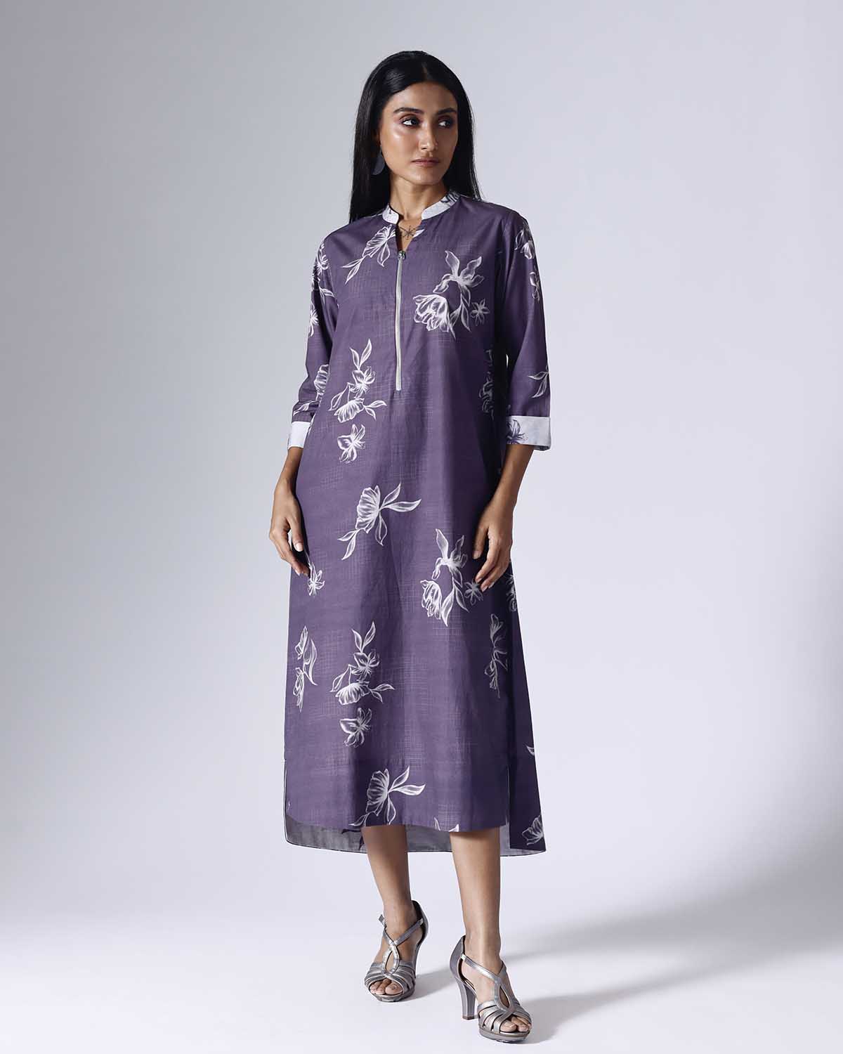 FLORAL GRID PURLE LONG DRESS