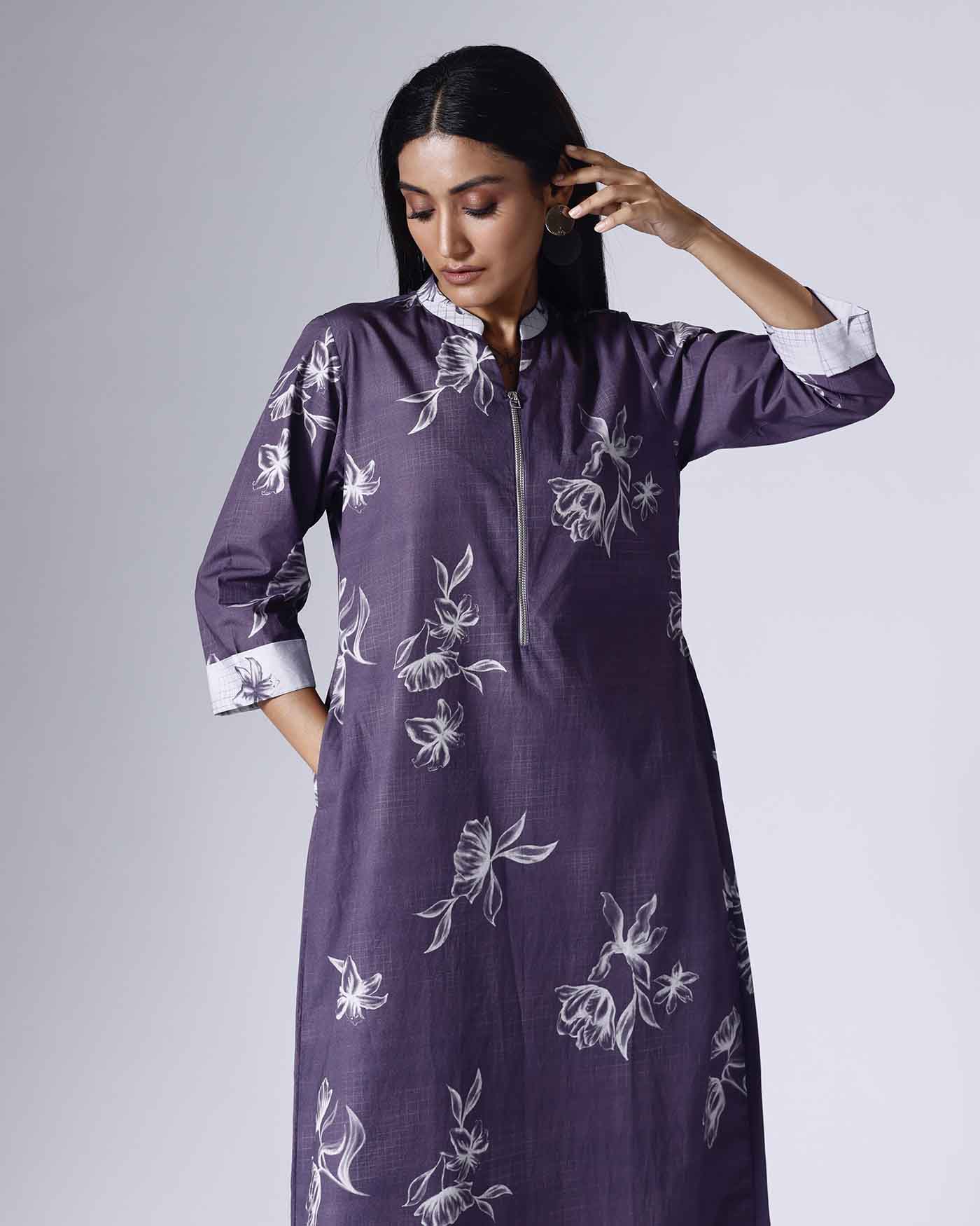 FLORAL GRID PURLE LONG DRESS