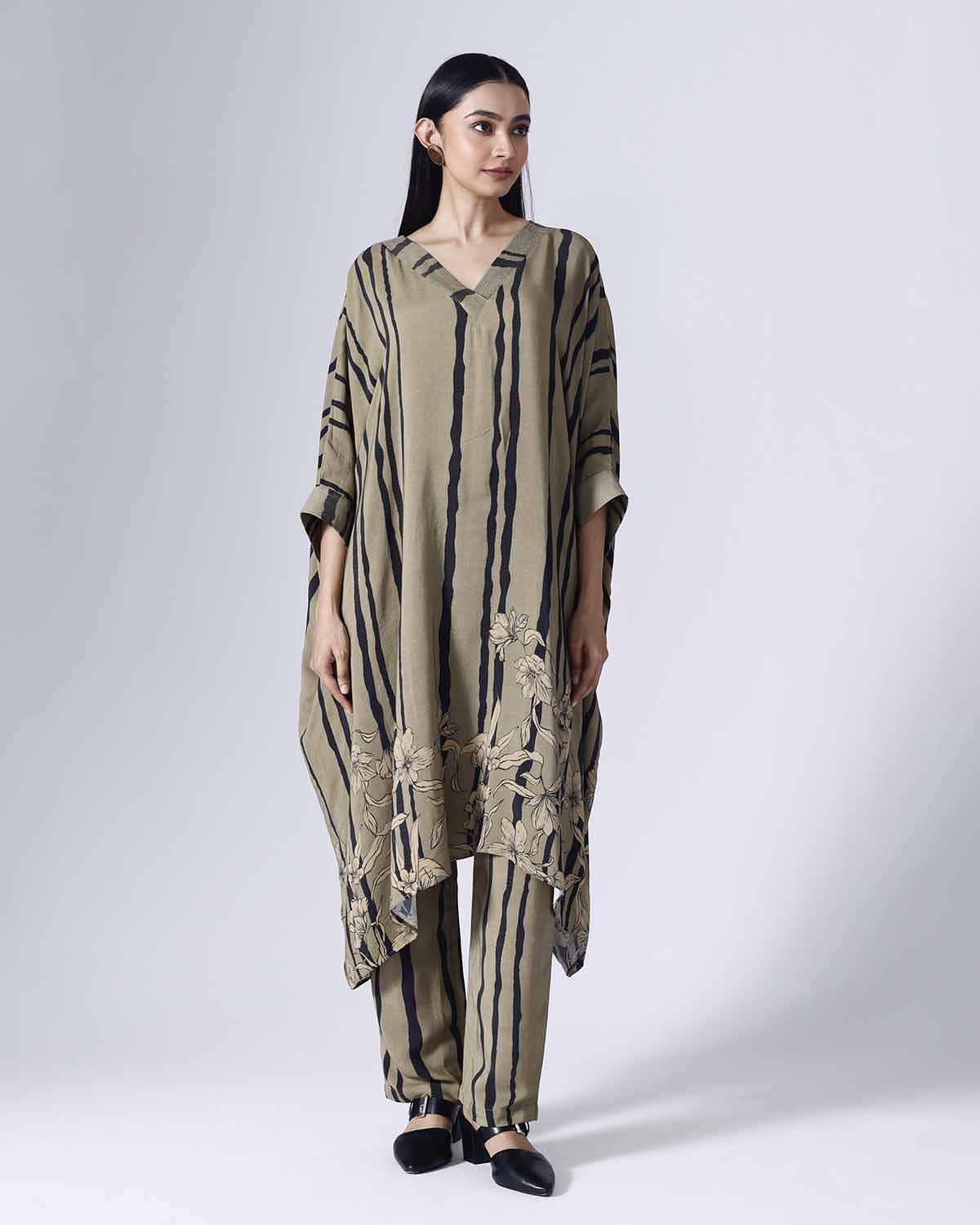 FLORAL STRIPE LONG KAFTAAN SET